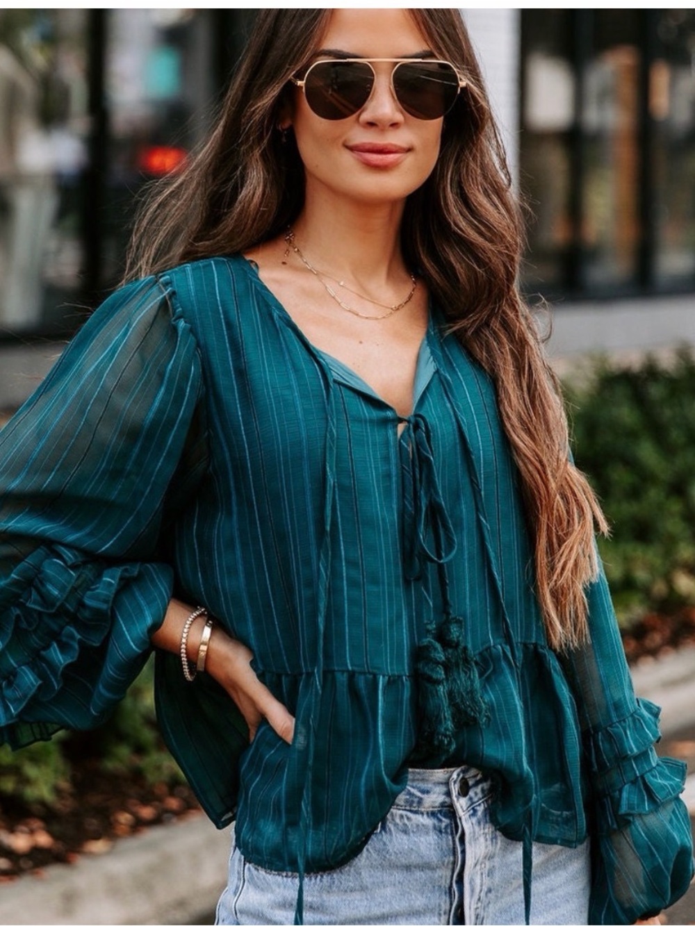 VICI Gabriela Tassel Tie Blouse Teal Sheer Ruffle Tassel Peasant Top size small